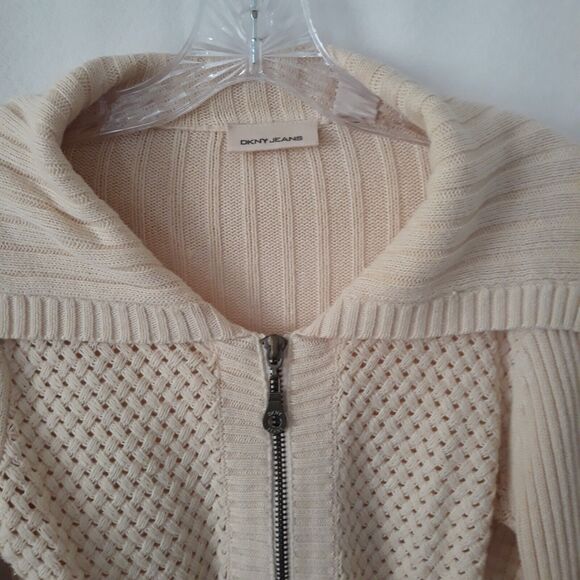 DKNY Jeans Cable Knit Shawl Neck Cardigan Sweater Women Small Cream Full Zip - Picture 3 of 10